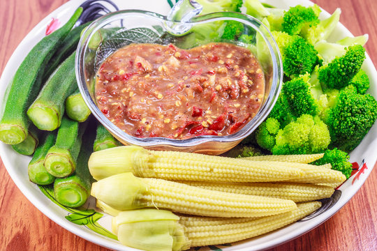 Shrimp paste with mackerel and vegetable and Spicy Chili Paste (Nam Prik) isolated on white background