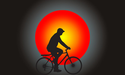 Silhouette man riding the bicycle with super full moon on background