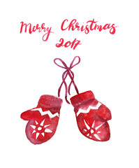 Knitted mittens red and the words "Merry Christmas." Watercolor