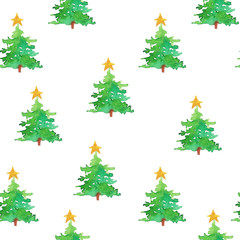 Christmas trees and stars on a white background. Seamless patter