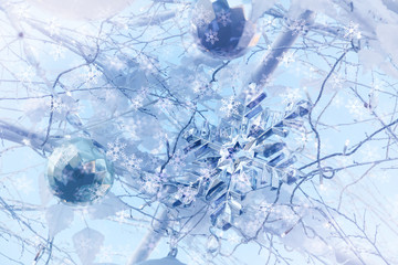 Crystal snow flake and on Christmas tree and snow flake effect f