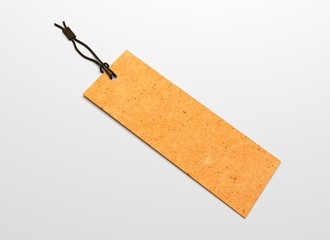 Yellow 3D illustration hang tag with recycled paper texture.