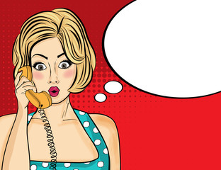 Surprised pop art  woman chatting on retro phone . Comic woman w