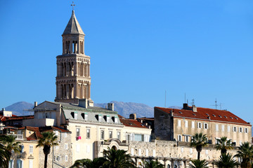 Waterfront in Split, Croatia with Saint Domnius bell tower. Split is popular touristic destination and UNESCO World Heritage Site.