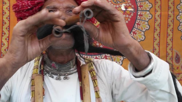 CU Hand-held Rajasthani elderly male starts to play the flute with his nose in front of a colourful fabric tent