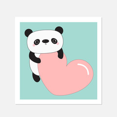 Kawaii panda baby bear.White frame. Cute cartoon character holding big pink heart. Wild animal collection for kids. Blue background. Love card. Flat design.