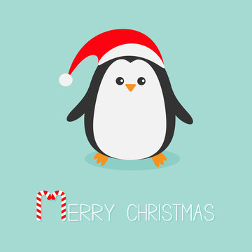 Kawaii Penguin wearing Santa red hat. Cute cartoon character. Flat design Winter antarctica bluebackground Merry Christmas Candy cane text. Greeting card.