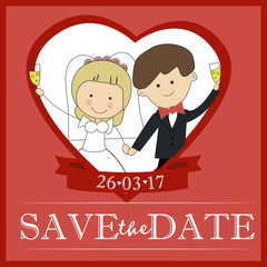 Cute groom and bride couple wedding invitation design Template Vector card save the date.nWhite heart frame on red background. Love, heart. Flat illustration. Couple cartoon. St. Valentine's Day 