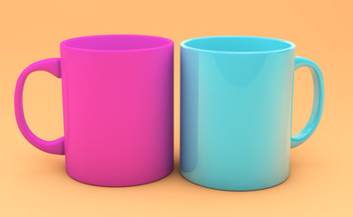 colored cups on a colored background 3d render
