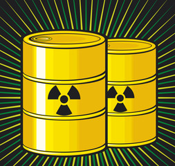 barrels with nuclear waste (radioactive tank and warning sign)