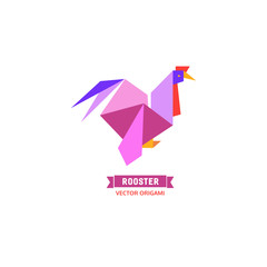 Cartoon cock icon. Abstract rooster sign. Freehand drawn stylized origami chicken emblem. Template geometric logo design. Rectangular shape hen symbol  isolated. Design element. Vector illustration