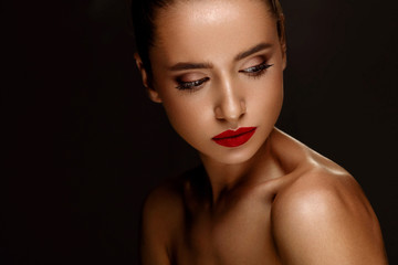 Fashion Beauty Portrait. Woman With Beautiful Makeup, Red Lips