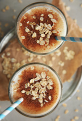 Delicious milkshake with chocolate in a glasses on table, closeup