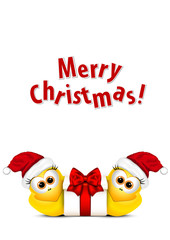 Christmas card with chickens in Santa hat. Rooster symbol New Ye