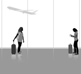 People traveling with airplane vector silhouette people in the airport background