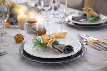 Table served for Christmas dinner, close up view