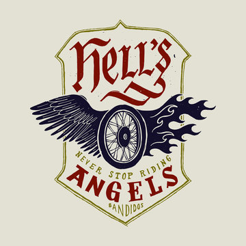 vintage label with wings of fire and wheel. t shirt print. vector lettering.