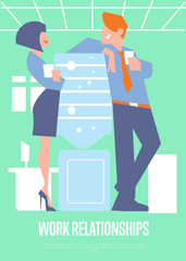 Business colleagues speaking near water cooler in office. Work relationships banner, vector illustration. Coworkers talking. Business people. Office life. Corporate culture. Teamwork concept