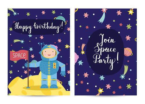Happy birthday cartoon greeting card on space theme. Smiling astronaut on moon with flag, colorful stars, planets, fiery comets around vector illustration. Invitation on childrens costumed party