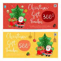 Christmas gift voucher template. Gift coupon with Xmas attributes and prepaid sum. Santa, gifts, christmas tree, gingerbread cookie cartoon vectors. Merry Christmas and Happy New Year greeting card