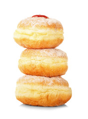 Stack of tasty donuts on white background. Hanukkah celebration concept