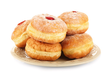Plate with tasty donuts on white background. Hanukkah celebration concept