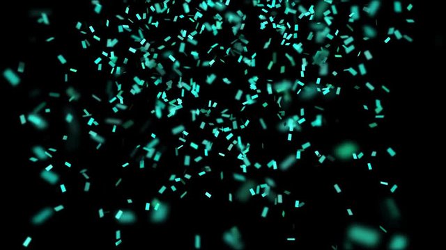 Animation of shooting and falling turquoise confetti (alpha channel included). Depth of field. 4k
