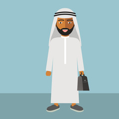 Arab Man in Traditional Dress Standing Holding Black Briefcase for Business