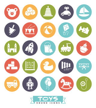 Toys round icons vector set, glyphs negative in colored circles