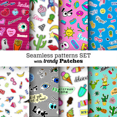 Fototapeta premium Seamless patterns set with fashion patch badges. Pop art. Stickers, pins, patches in cartoon 80s-90s comic style. Trendy. Vector clip-art.