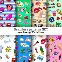 Seamless patterns set with fashion patch badges. Pop art. Stickers, pins, patches in cartoon 80s-90s comic style. Trendy. Vector clip-art.
