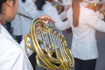 Fototapeta premium A girl playing tuba on footpath , Marching Band
