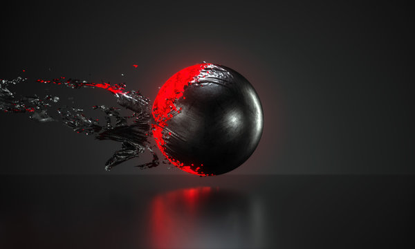 abstract red ball covered with metal skin peeling off