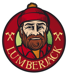 Obraz premium lumberjack label (forester symbol, woodcutter icon, logger design)