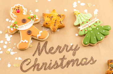 Merry Christmas card with decorated cookies