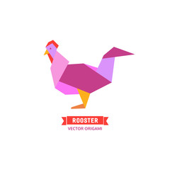 Cartoon cock icon. Abstract rooster sign. Freehand drawn stylized origami chicken emblem. Template geometric logo design. Rectangular shape hen symbol  isolated. Design element. Vector illustration