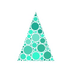 Simple abstract chrismas tree of dots, or circles, in a triangle shape. Blue illustration on white background.