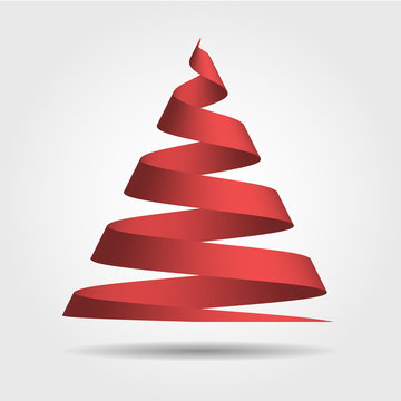 Simple red ribbon in a shape of Christmas tree. Merry Christmas theme. 3D vector illustration with dropped shadow and gradient background.