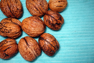 Mature walnuts, healthy snack, top view 