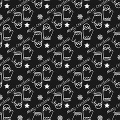 Christmas pattern with winter mittens on a black background
