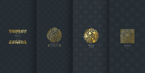 Collection of design elements,labels,icon,frames, for packaging,design of luxury products.Made with golden foil.Isolated on black background. vector illustration