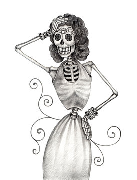 Art skull day of the dead. Hand pencil drawing on paper.