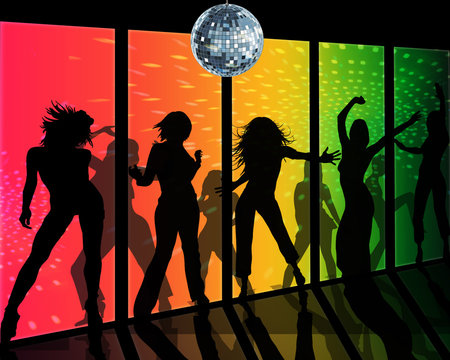 Dancing silhouettes of girls in a nightclub with a shining disco ball