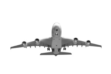 Perspective of airplane takeoff to the sky isolated on white bac
