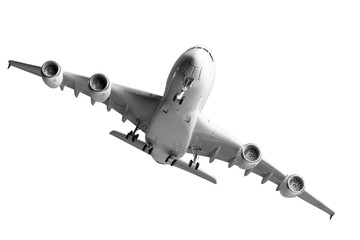 under view of commercial airplane takeoff isolated on white back