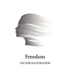 Freedom concept with female face consisted of grey ribbons in the wind