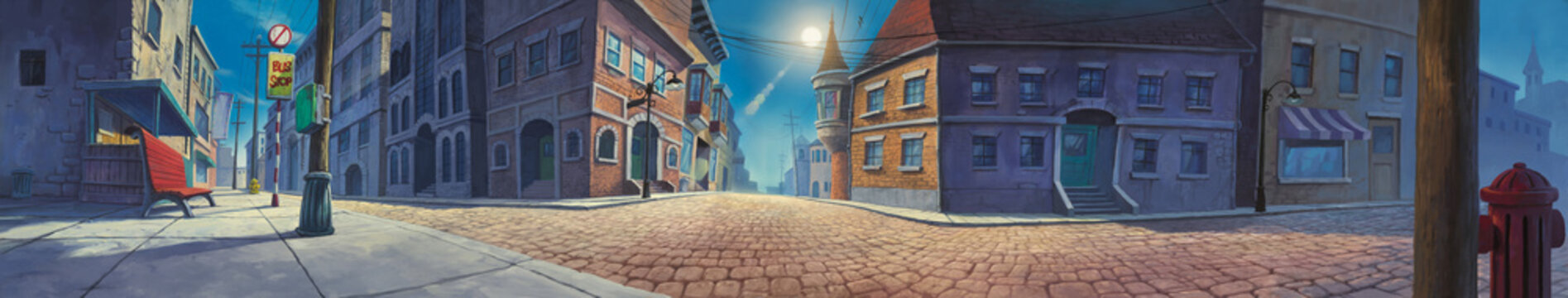 Old town panorama painted illustration