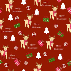 Christmas pattern. Christmas reindeer and presents on a red background. Pattern design for fabric, paper . Festive reindeer on a red background. Cartoon. Vintage