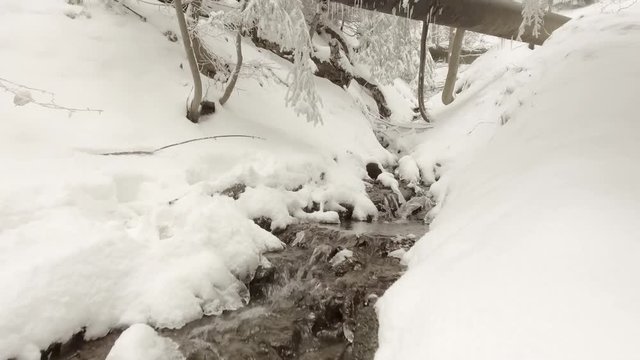 stream through snow in winter forest
