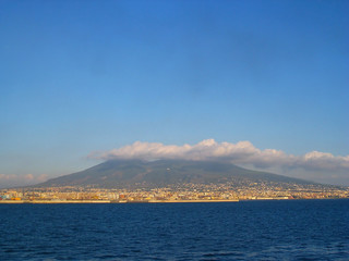 view of the mount vesuvius and the bay of Naples. View from sea. Italy